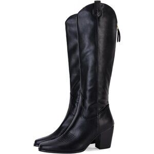 Women Black Cowboy Knee High Boots Chunky Block Heel Square Toe Tall Riding Boot